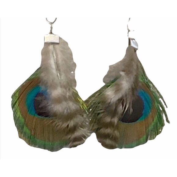 Peacock & Owl Feather Earrings NWOT Hand-Crafted - Picture 1 of 3